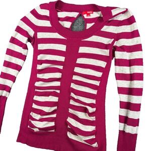 Bongo Sweater Womens XS Pink Gray Striped Ribbed Knit Ruched Front Keyhole Back